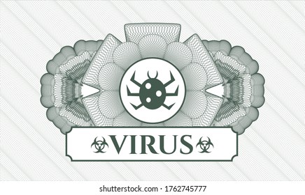 Green passport money style rosette. Vector Illustration. Detailed with bug icon and Virus text inside