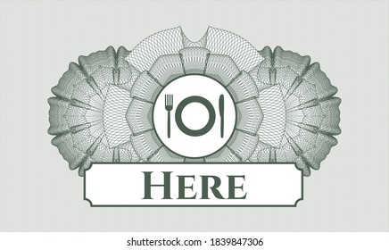 Green passport money style rosette. Vector Illustration. Detailed with restaurant icon and Here text inside