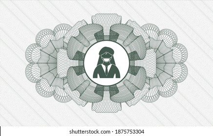 Green passport money style rosette. Vector Illustration. Detailed with woman wearing face mask icon inside