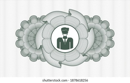 Green passport money style rosette. Vector Illustration. Detailed with man wearing face mask icon inside