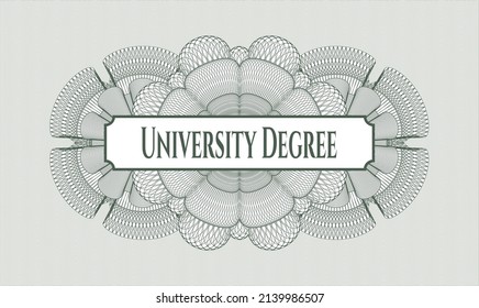 Green passport money style rosette. Vector Illustration. Detailed with text University Degree inside