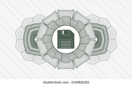 Green passport money style rosette. Vector Illustration. Detailed with diskette icon inside