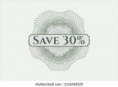 Green passport money style rossete with text Save 30% inside