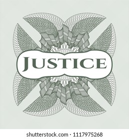 Green passport money style rossete with text Justice inside