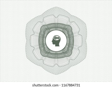 Green passport money style rossete with head with gears inside icon inside