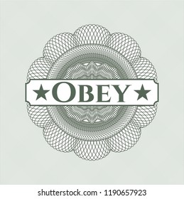 Green passport money style rossete with text Obey inside