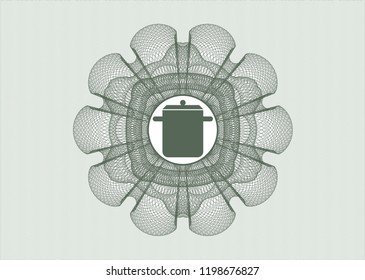 Green passport money style rossete with cooking pot icon inside