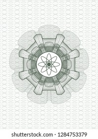 Green passport rosette with atom icon inside