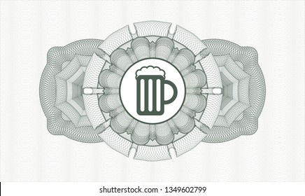Green passport rosette with beer jar icon inside