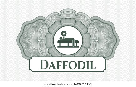 Green passport rosette with bench press icon and Daffodil text inside