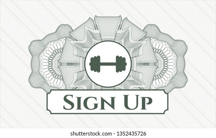 Green passport rosette with big dumbbell icon and Sign Up text inside