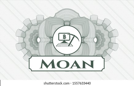 Green passport rosette with bitcoin mining icon and Moan text inside