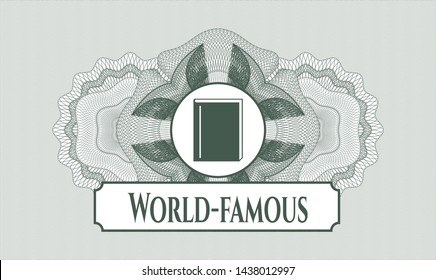 Green passport rosette with book icon and World-famous text inside