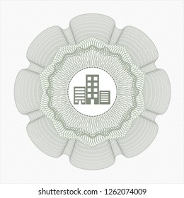 Green passport rosette with buildings icon inside