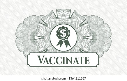 Green passport rosette with business ribbon icon and Vaccinate text inside