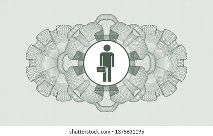 Green passport rosette with businessman holding briefcase icon inside