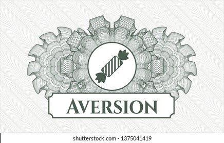 Green passport rosette with candy icon and Aversion text inside