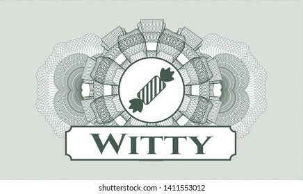 Green passport rosette with candy icon and Witty text inside