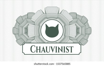 Green passport rosette with cat face icon and Chauvinist text inside