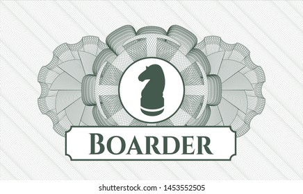 Green passport rosette with chess knight icon and Boarder text inside