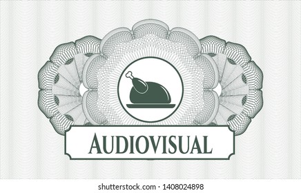 Green passport rosette with chicken dish icon and Audiovisual text inside