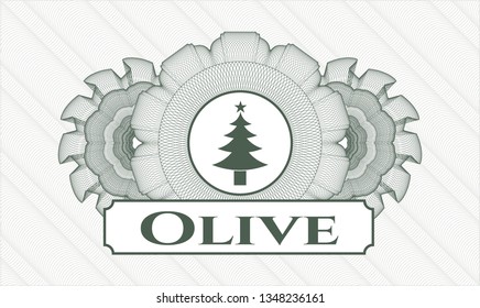 Green passport rosette with christmas tree icon and Olive text inside