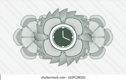 Green passport rosette with clock, time icon inside
