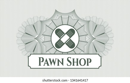 Green passport rosette with crossed bandage plaster icon and Pawn Shop text inside