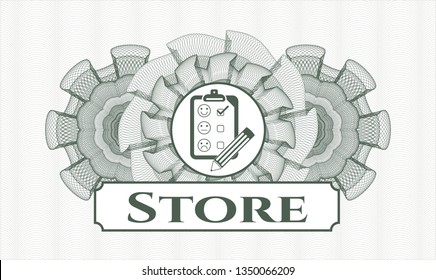 Green passport rosette with customer feedback icon and Store text inside