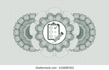 Green passport rosette with customer feedback icon inside