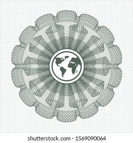 Green passport rosette with earth icon inside