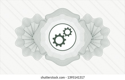Green passport rosette with gear, team work icon inside