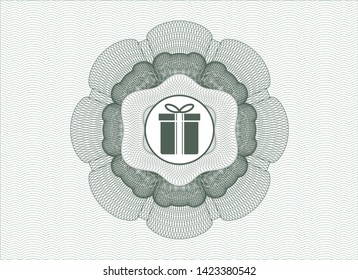 Green passport rosette with gift box icon inside