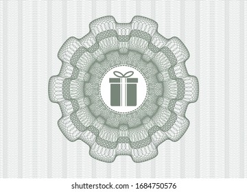 Green passport rosette with gift box icon inside