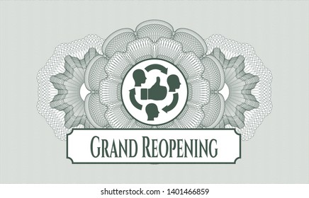 Green passport rosette with good customer feedback icon and Grand Reopening text inside