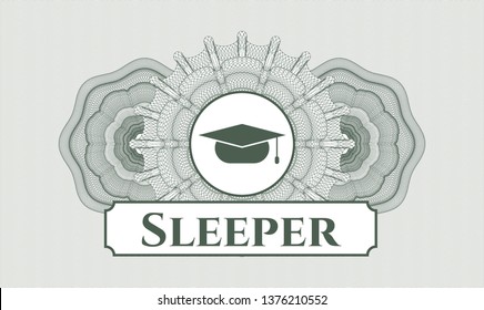Green passport rosette with graduation cap icon and Sleeper text inside