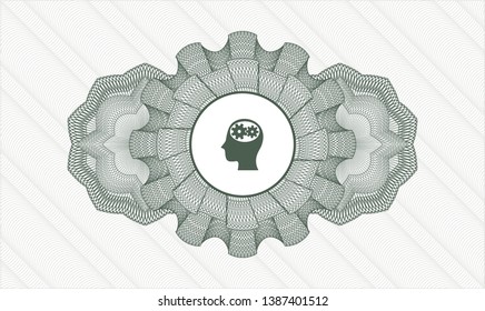Green passport rosette with head with gears inside icon inside