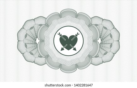 Green passport rosette with heart with two arrows icon inside