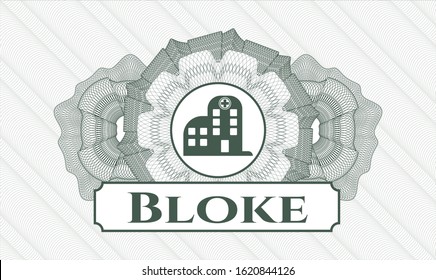 Green passport rosette with hospital icon and Bloke text inside