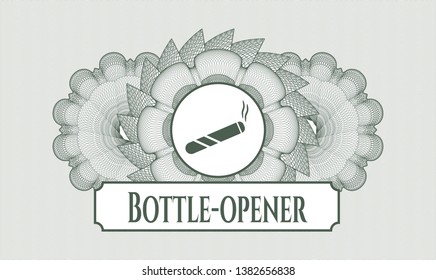 Green passport rosette with joint, cigarette icon and Bottle-opener text inside