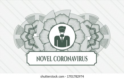 Green passport rosette with man wearing face mask icon and Novel Coronavirus text inside