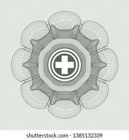 Green passport rosette with medicine icon inside