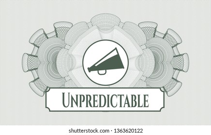 Green passport rosette with megaphone icon and Unpredictable text inside