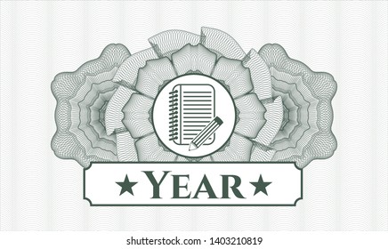 Green passport rosette with notebook with pencil icon and Year text inside