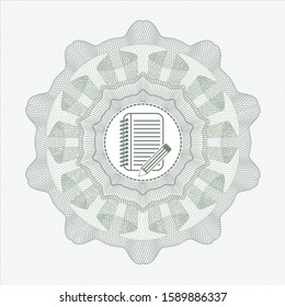 Green passport rosette with notebook with pencil icon inside