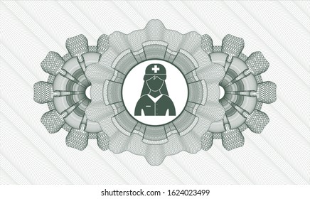 Green passport rosette with nurse icon inside