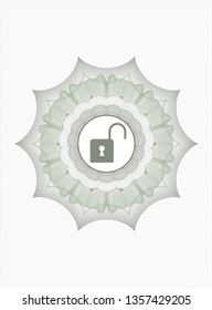 Green passport rosette with open lock icon inside
