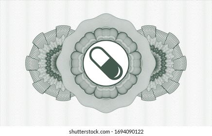 Green passport rosette with pill icon inside