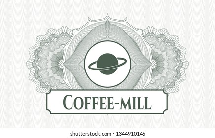 Green passport rosette with planet, saturn icon and Coffee-mill text inside