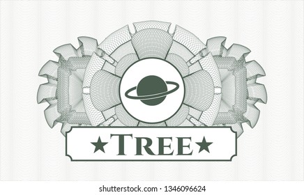 Green passport rosette with planet, saturn icon and Tree text inside
